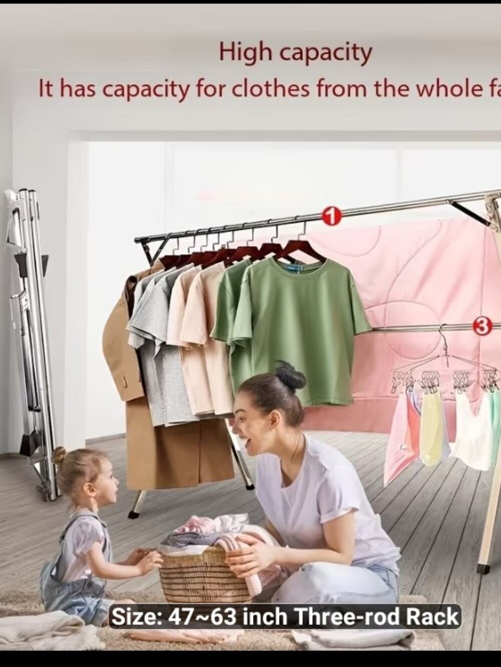 > Adjustable Three-Rod Clothes Drying Rack in Silver